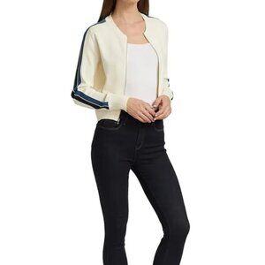 Theory Bomber Compact Crepe Knit Zip-Up Striped Sleeve Sweater Crop Jacket M